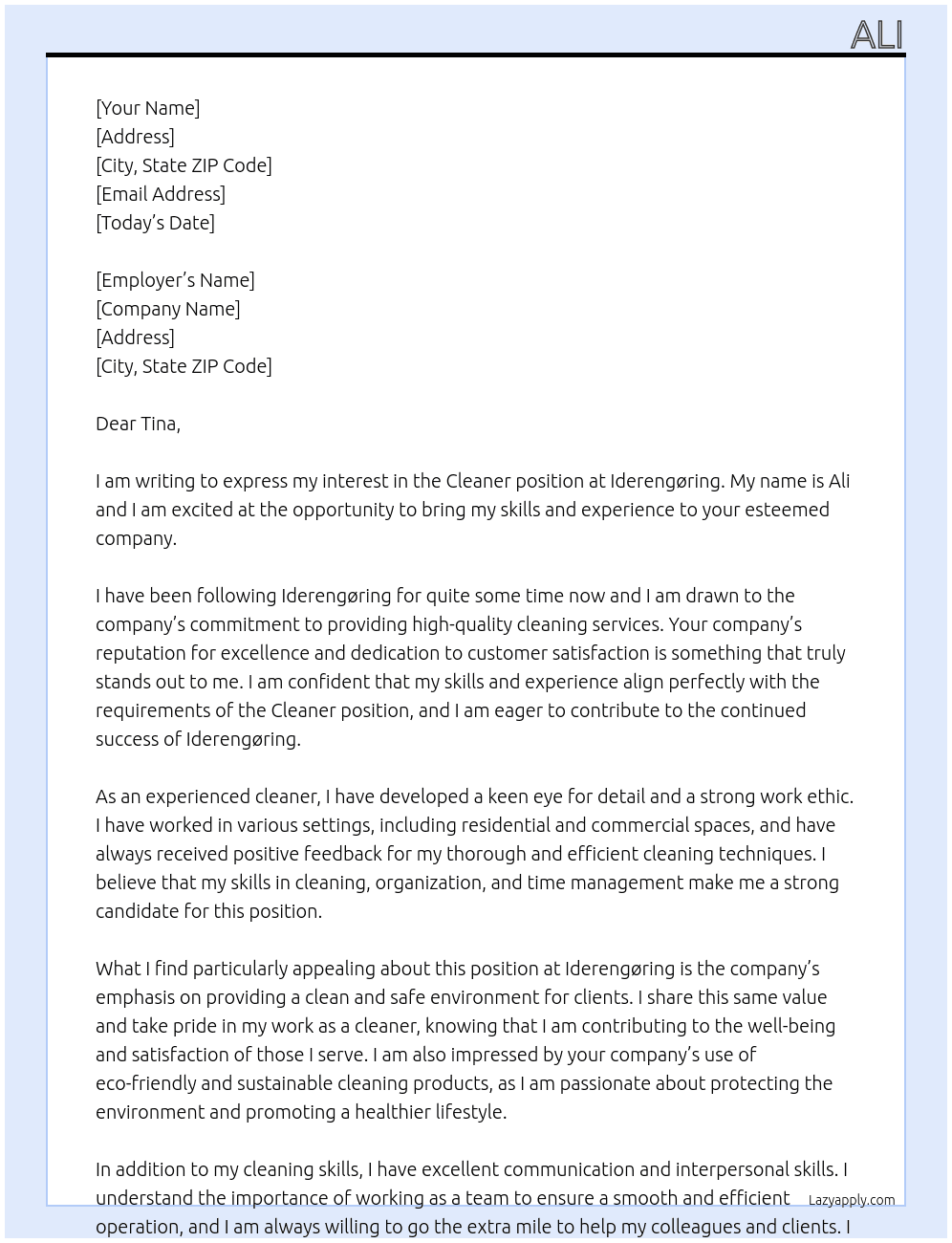 Cleaner At Iderengøring Cover Letter