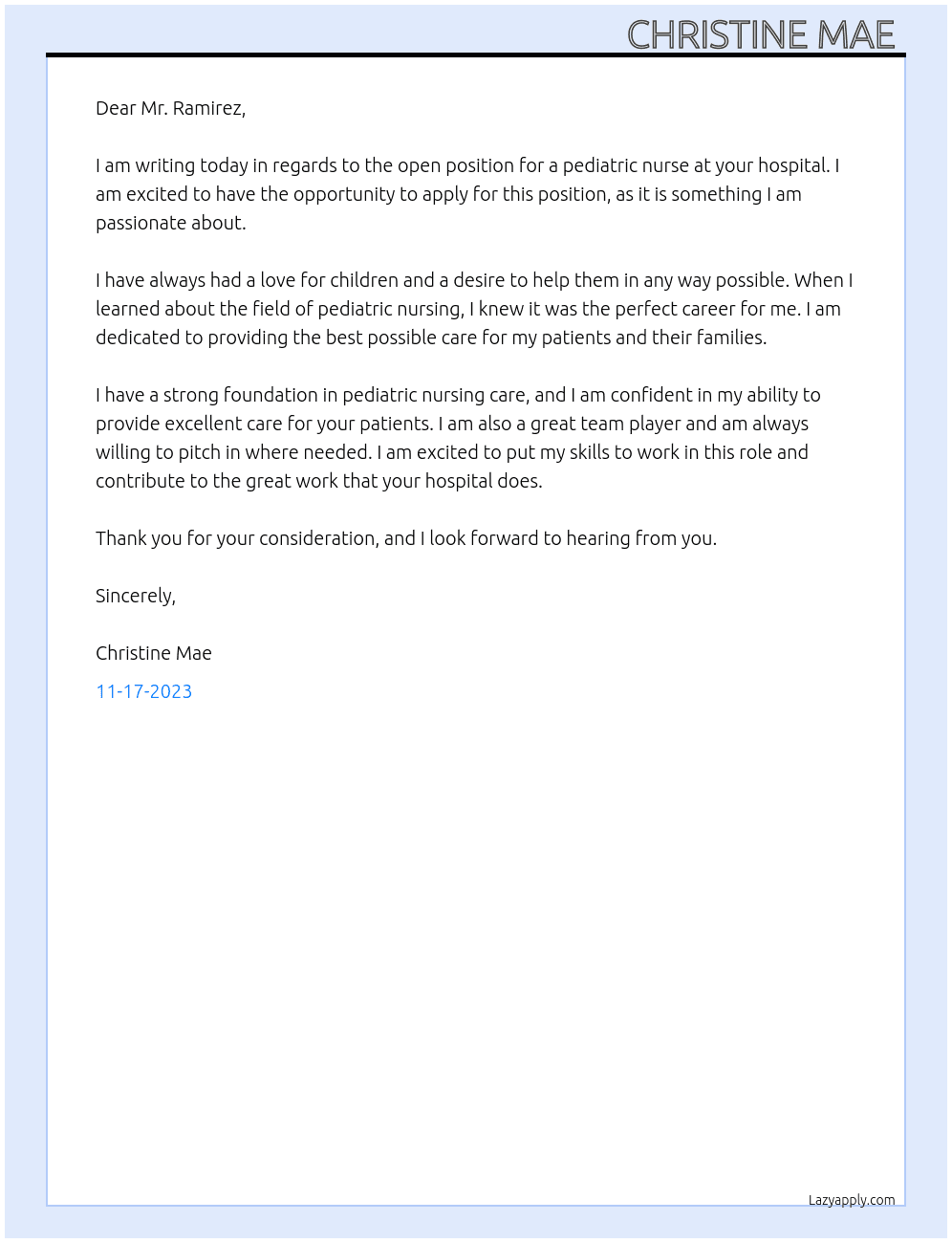pediatric nurse At ramirez hospital Cover Letter