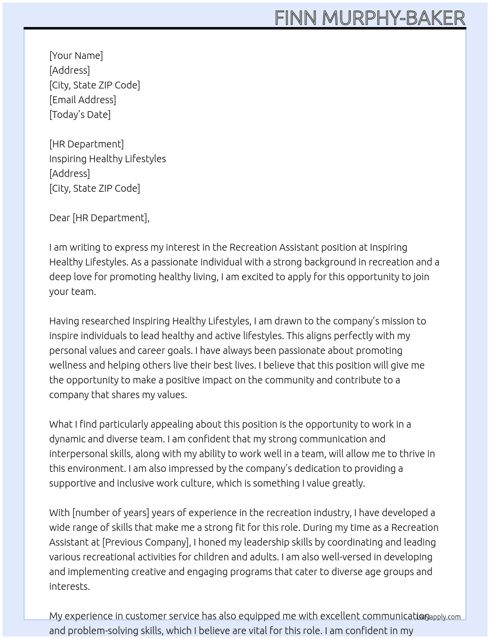Recreation Assistant At Inspiring Healthy Lifestyles Cover Letter