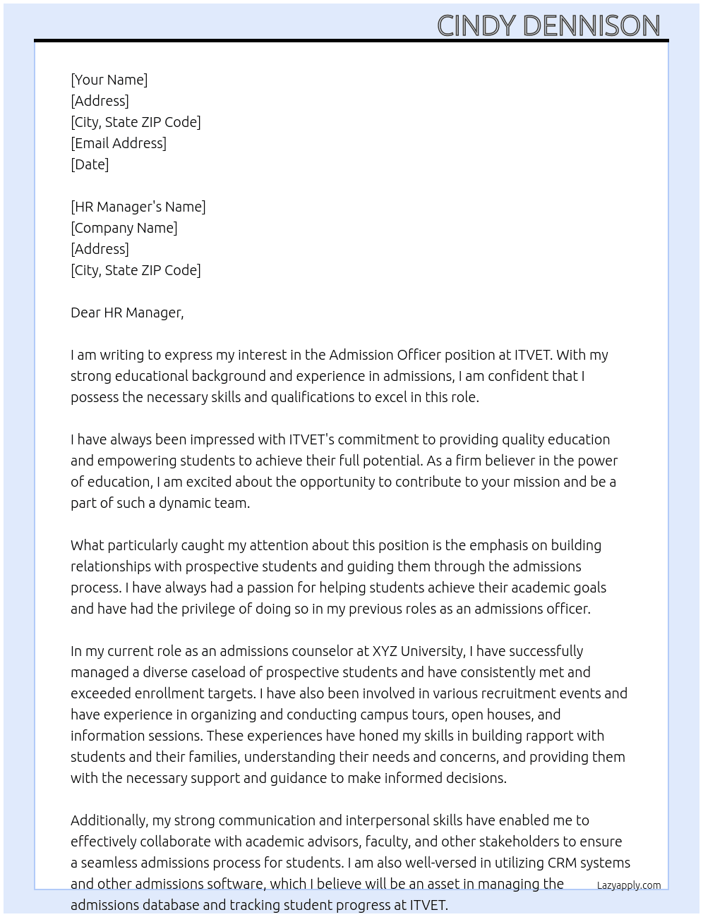 Admisson Officer At ITVET Cover Letter