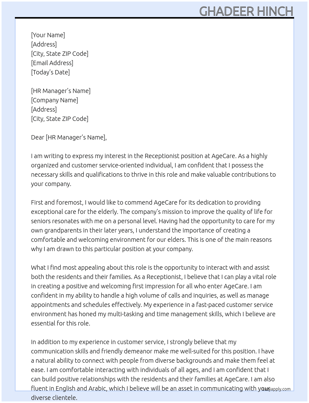 Receptionist At AgeCare  Cover Letter