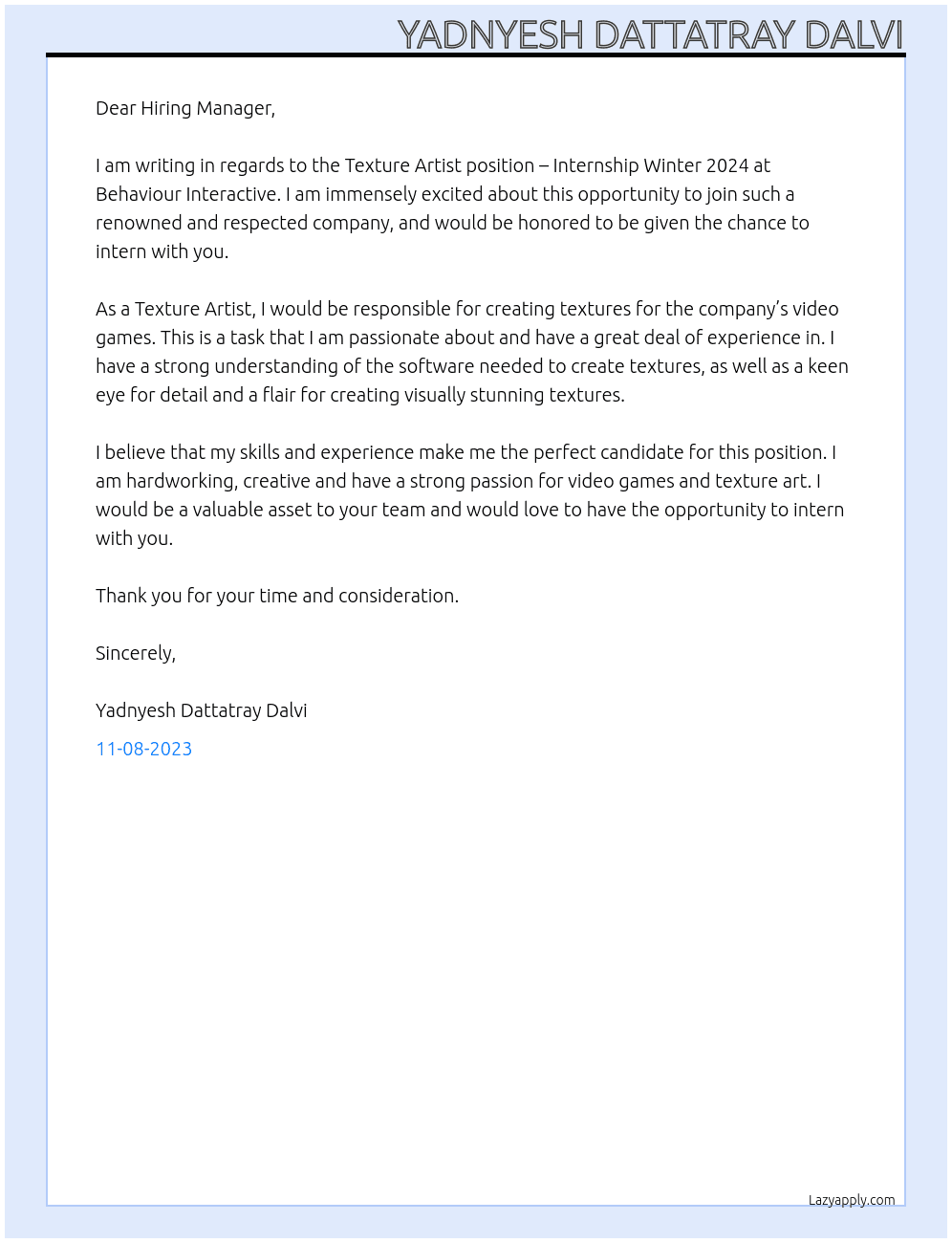 Texture Artist – Internship Winter 2024 At Behaviour Interactive Cover Letter