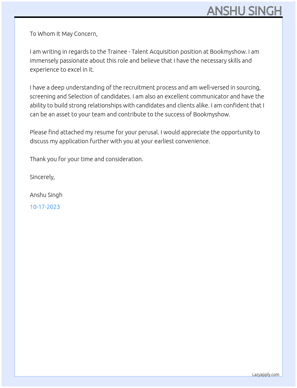 Trainee - Talent Acquisition At Bookmyshow Cover Letter