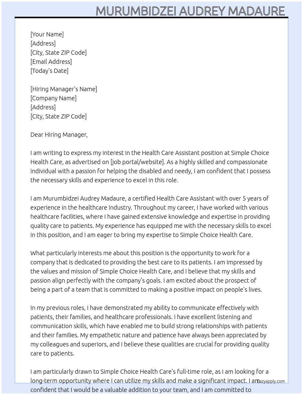 Health care assistant  At Simple Choice Health Care Cover Letter