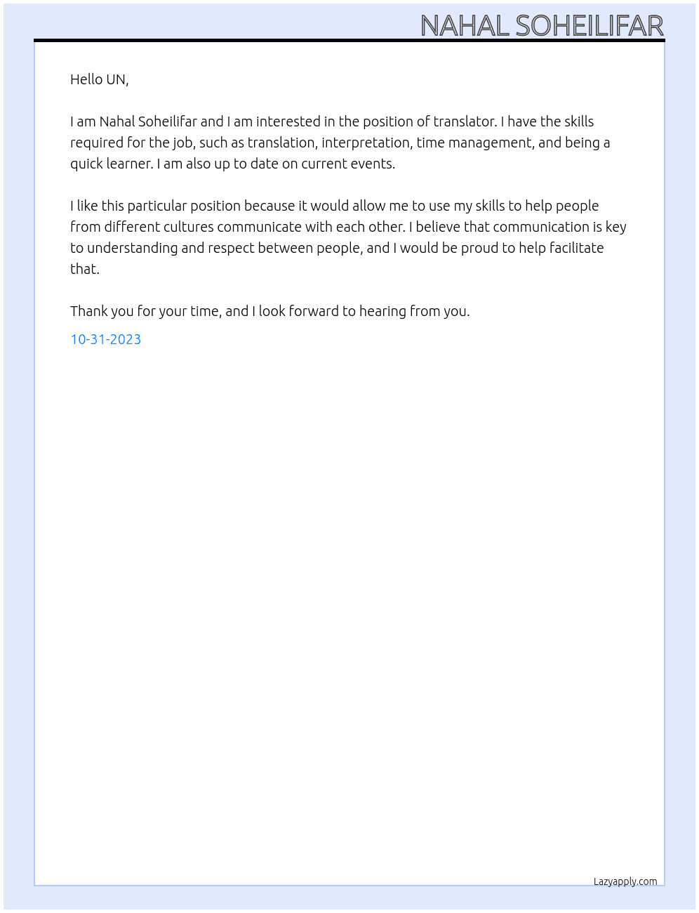 translator At UN Cover Letter