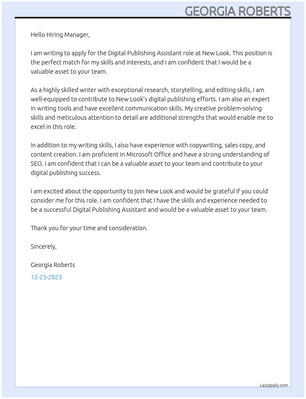 Digital Publishing Assistant At New Look Cover Letter