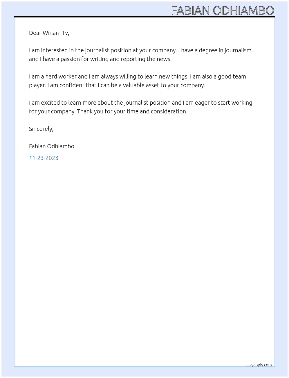 Journalist At Winam Tv Cover Letter
