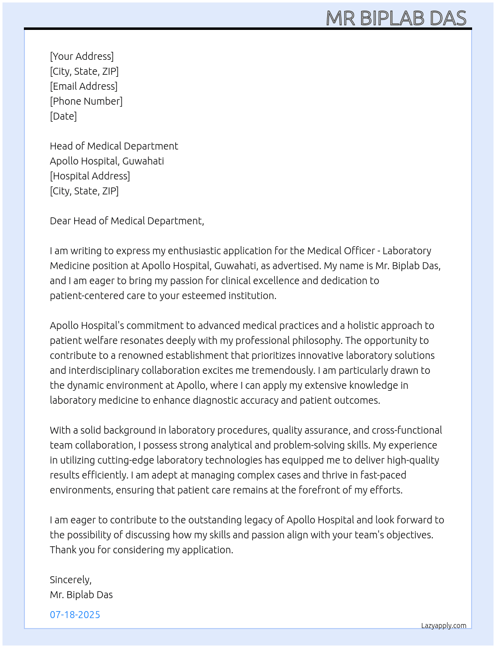 Cover letter for medical officer - laboratory madicine - LazyApply