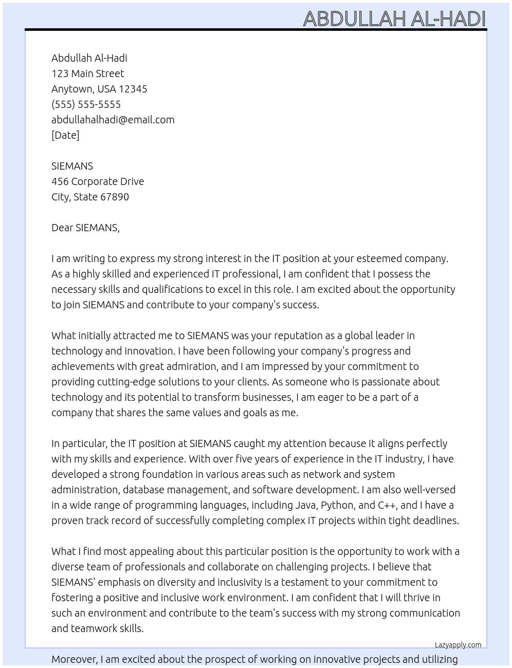 IT At SIEMANS Cover Letter