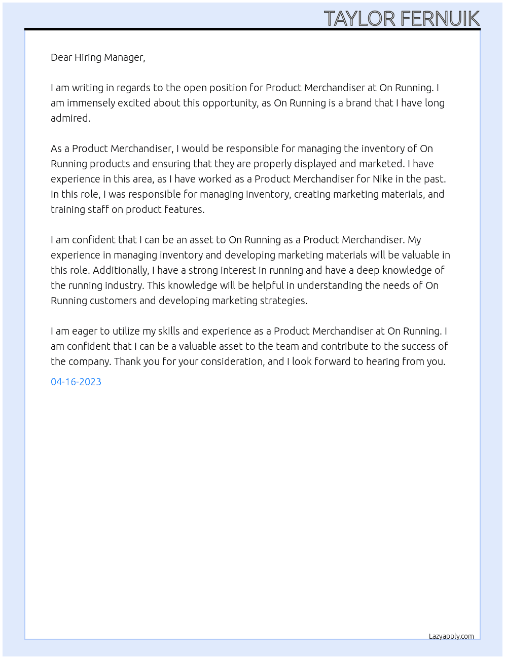 product merchandising At on running Cover Letter