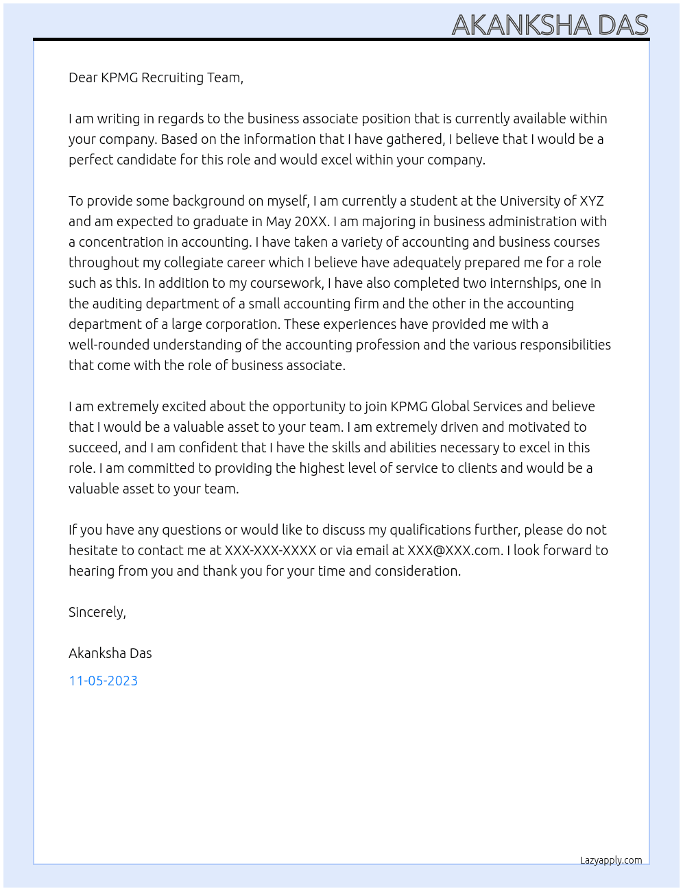 Business Associate At KPMG Global Services Cover Letter