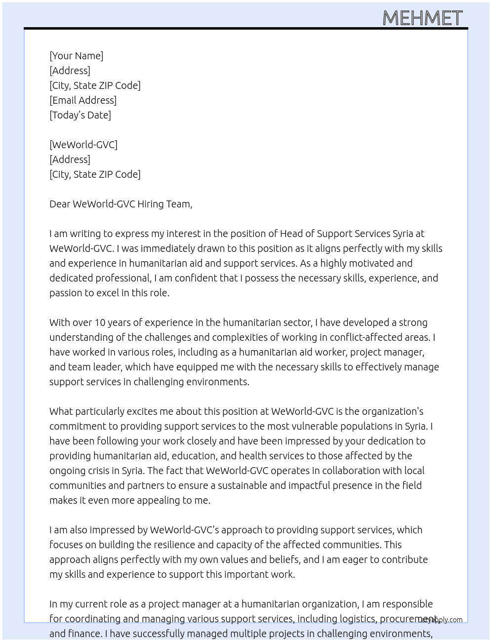 Head of Support Services Syria At WeWorld-GVC Cover Letter