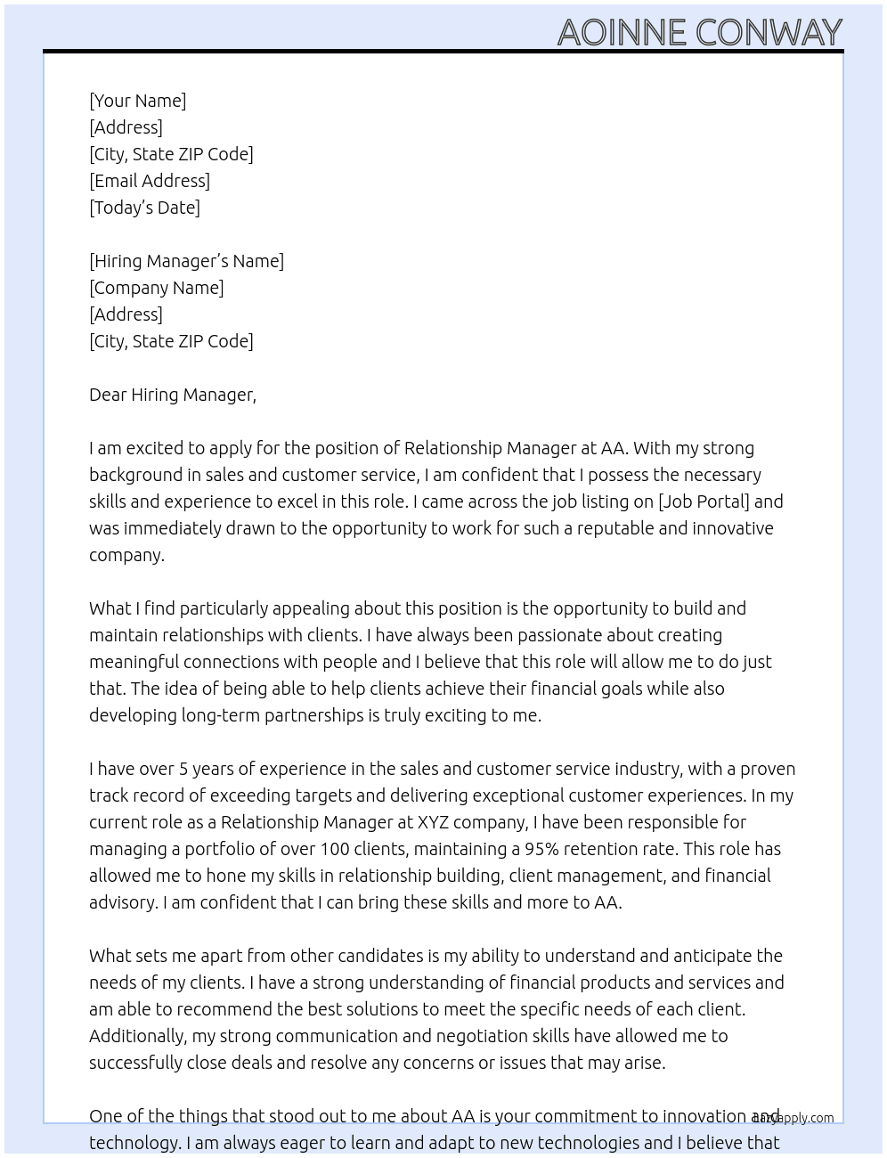 Relationship Manager At AA Cover Letter