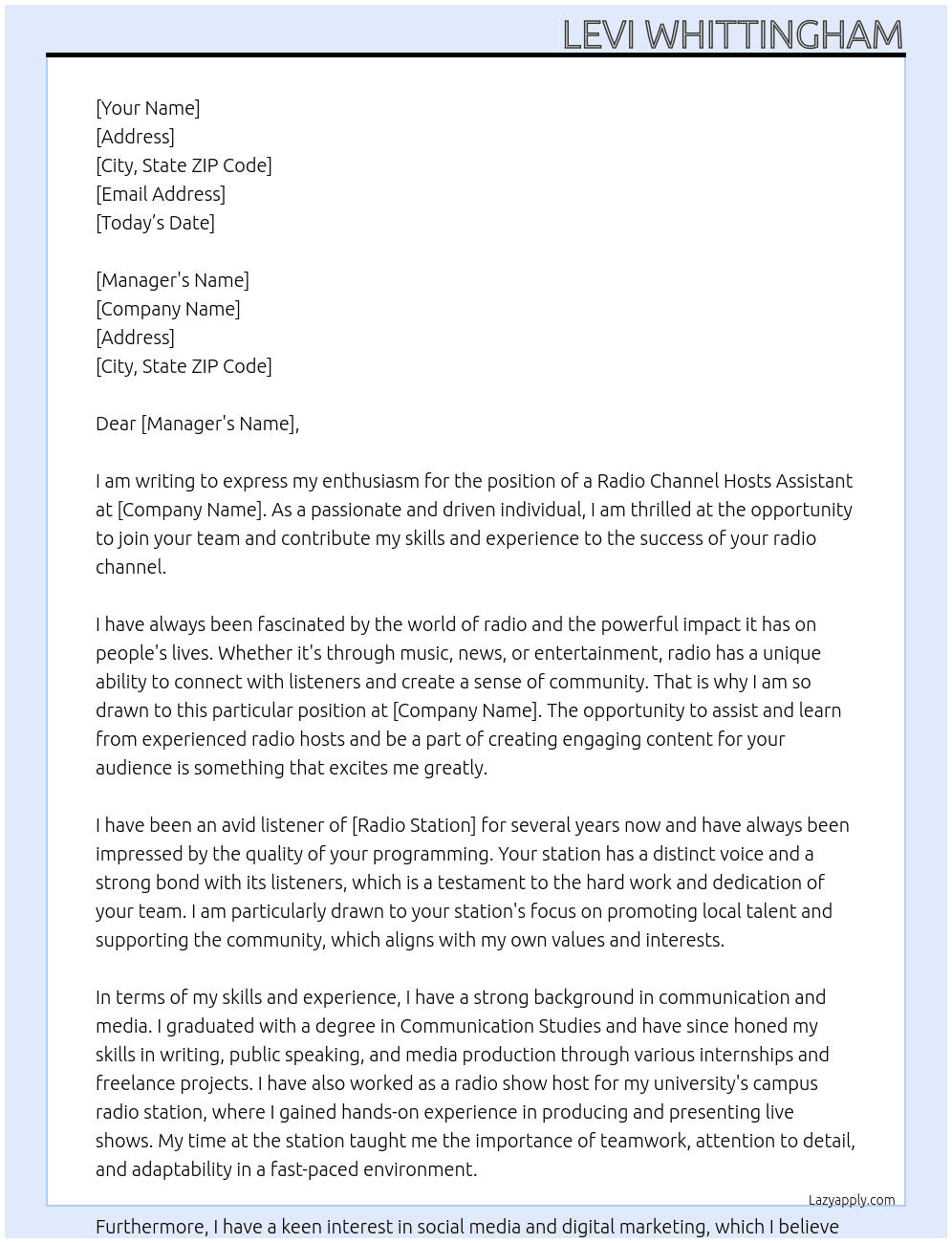 Radio channel hosts assistant At Radio Cover Letter
