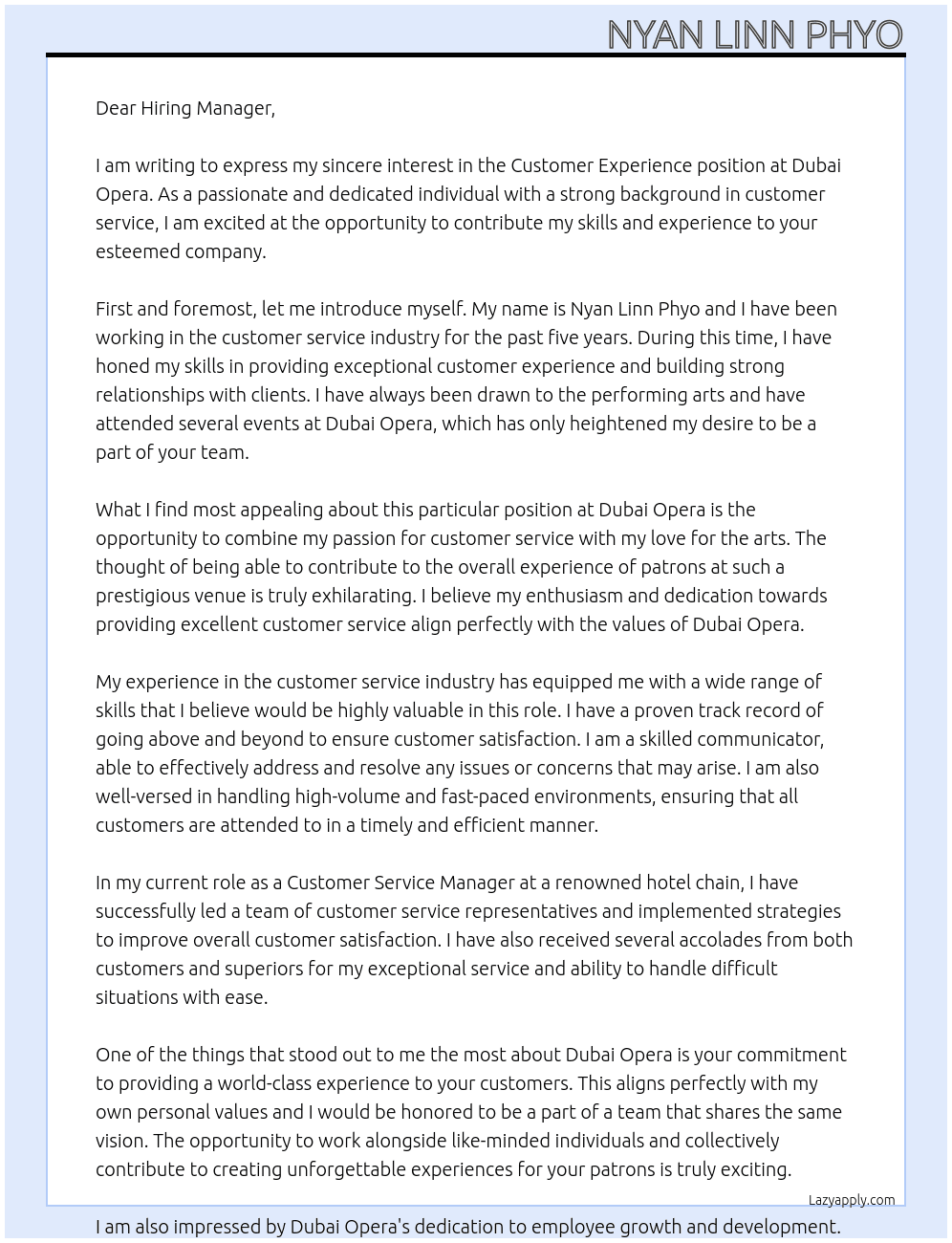 Customer Experience At Dubai Opera Cover Letter