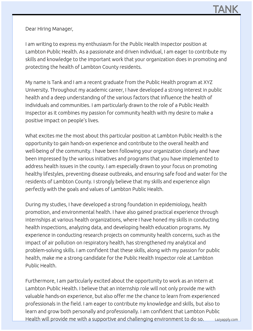 Public Health Inspector At Lambton Public Health Cover Letter