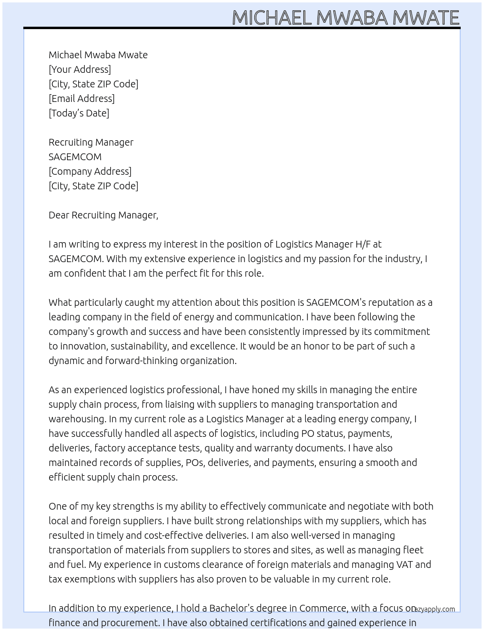 Logistics Manager H/F At SAGEMCOM Cover Letter