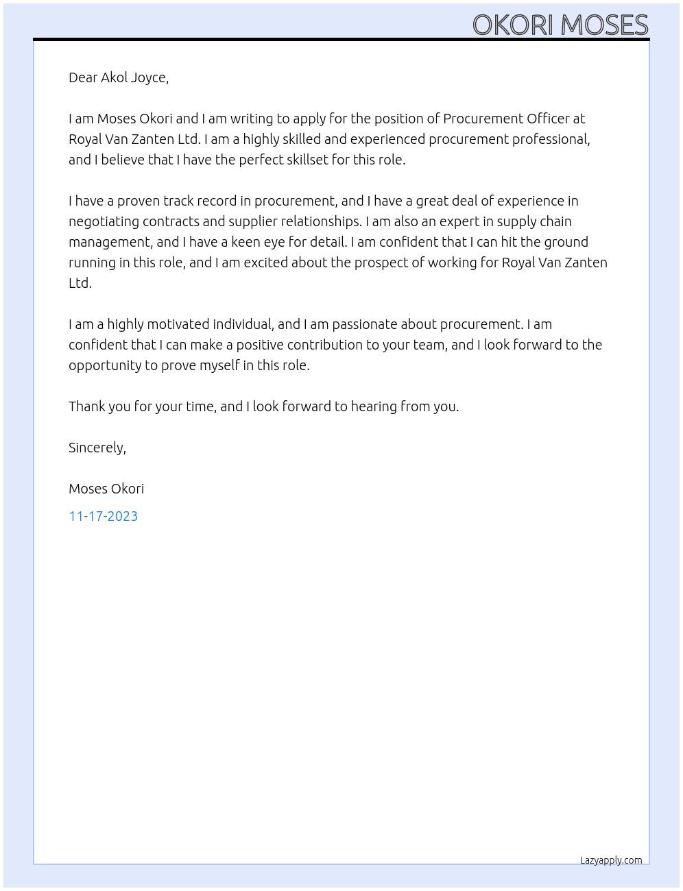 Procurement Officer At Royal Van Zanten ltd Cover Letter
