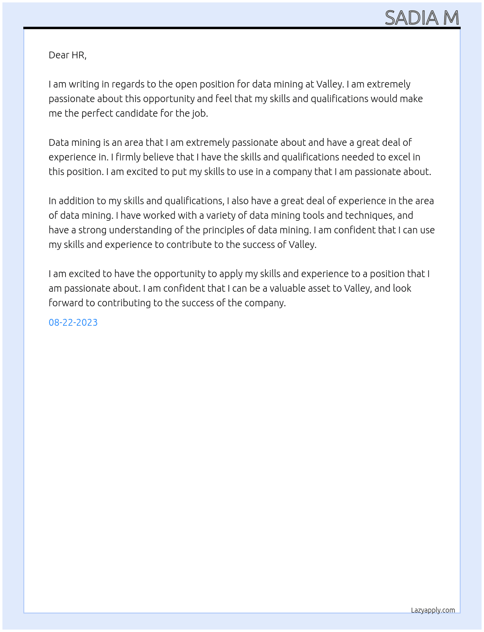 Data Mining At Valley Cover Letter
