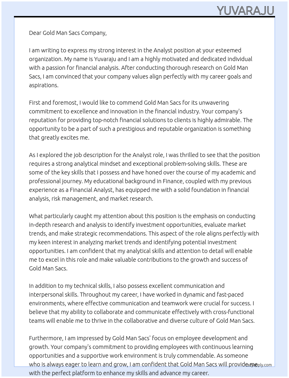 ANALYST At GOLD MAN SACS Cover Letter