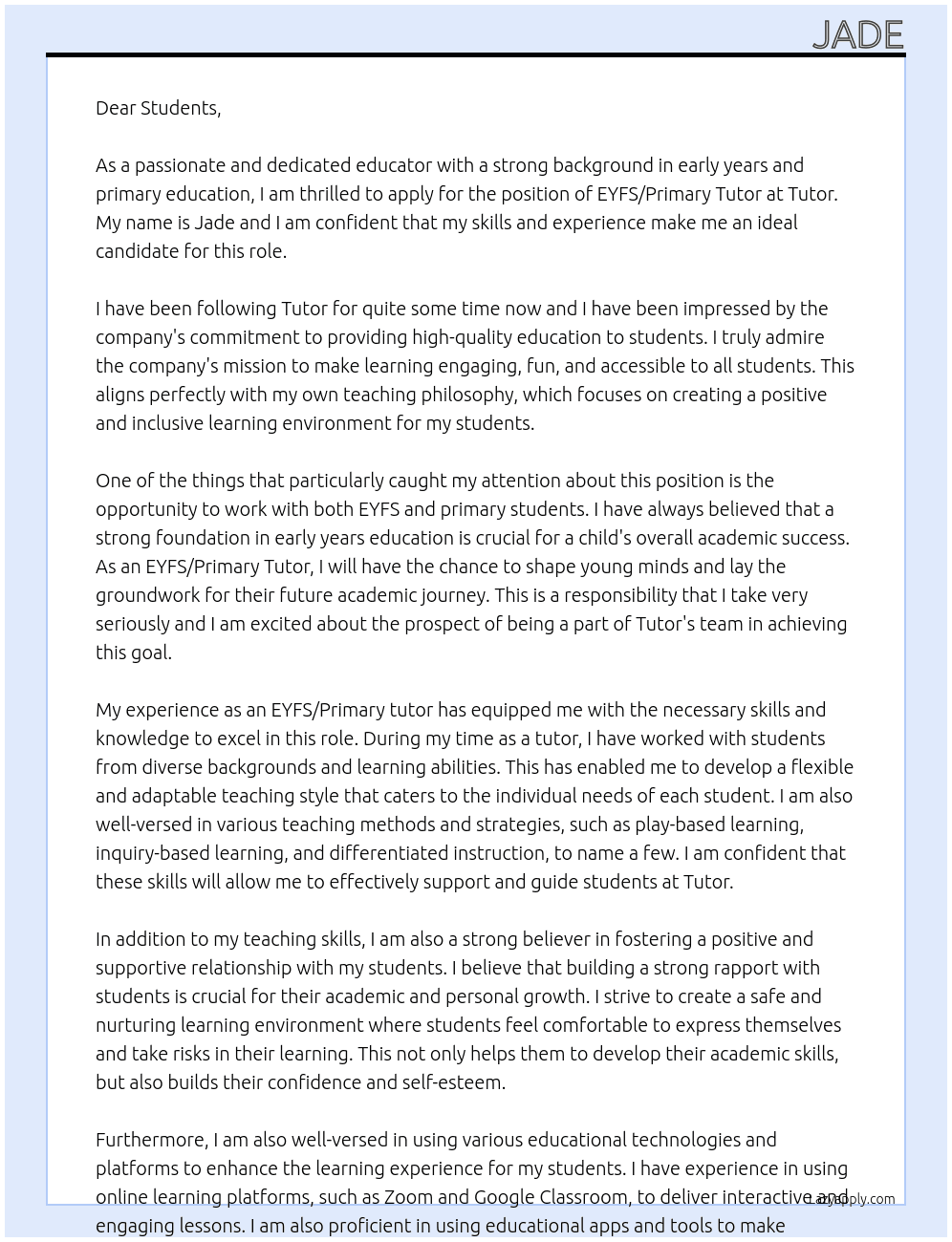 eyfs/primary tutor At tutor Cover Letter