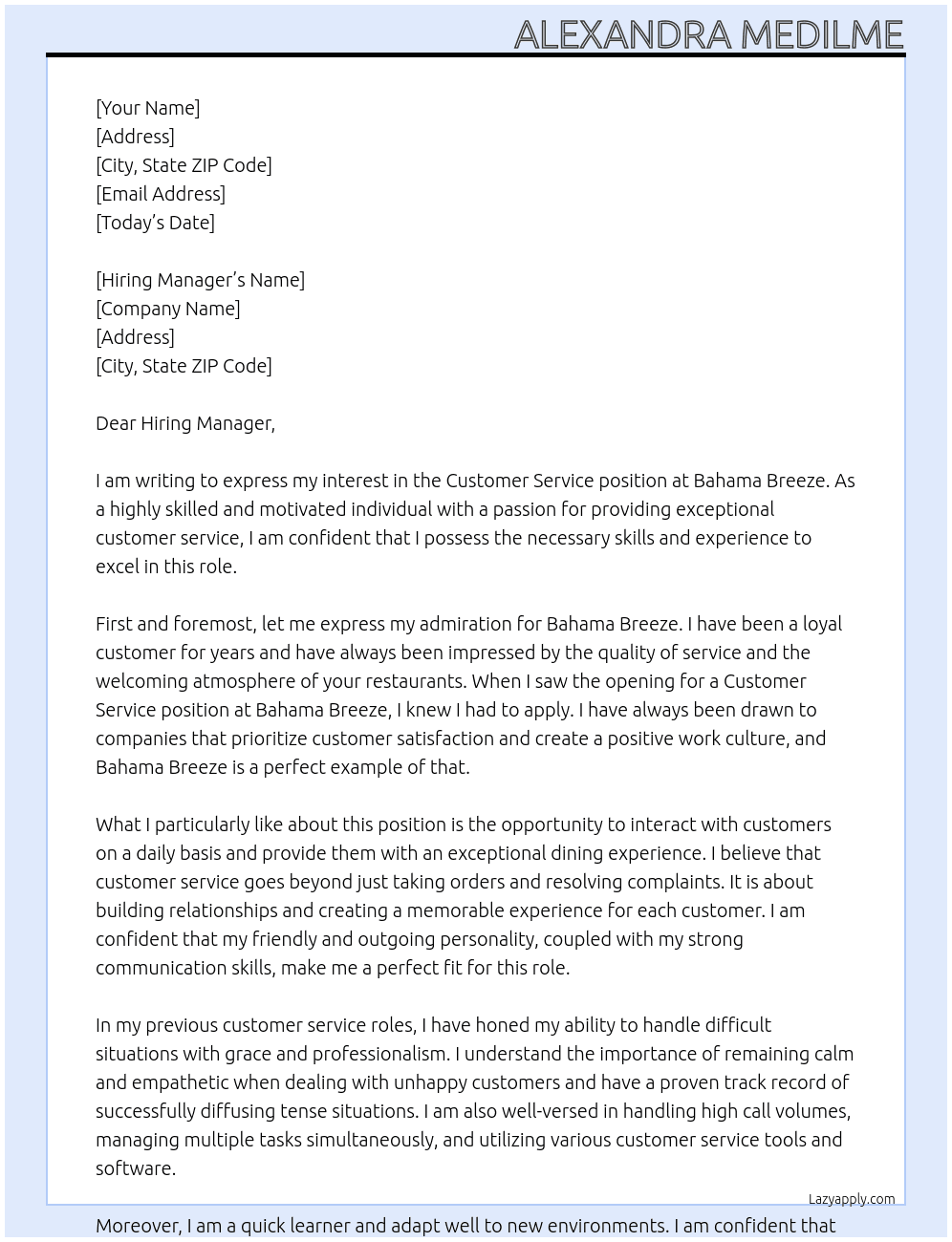 Castumer service  At Bahama breeze  Cover Letter