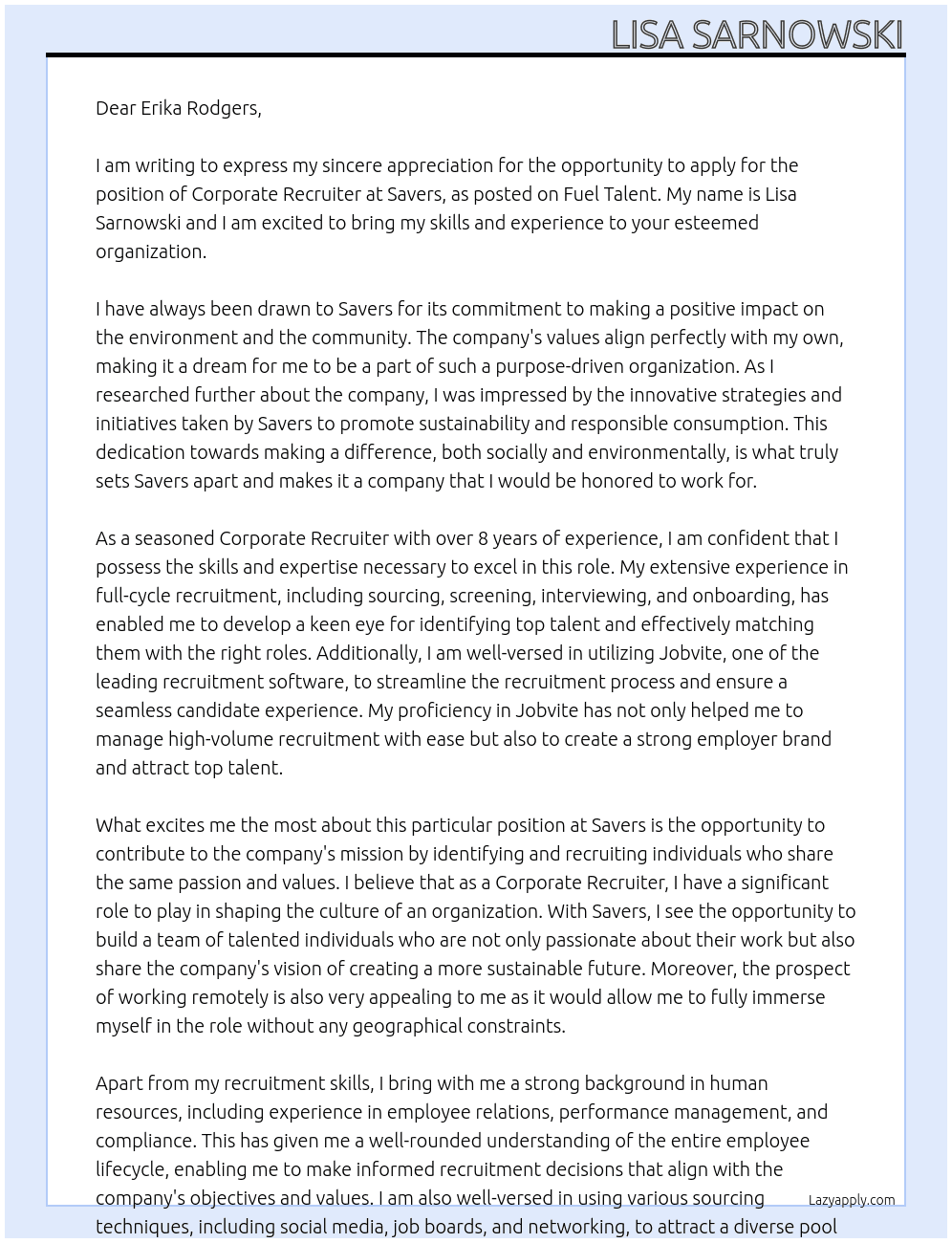 Corporate Recruiter  At Savers Cover Letter