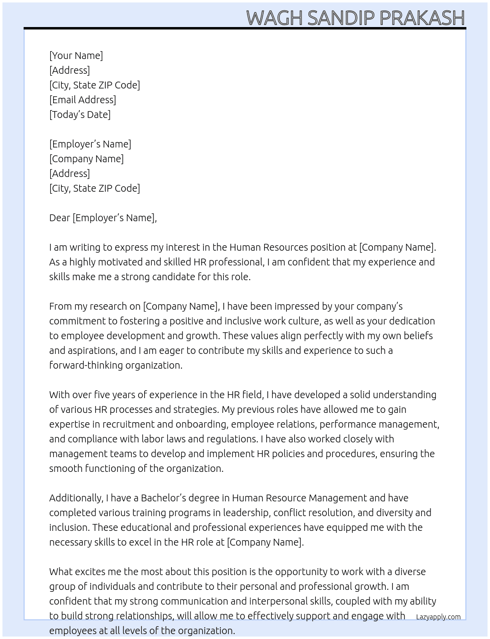 human resourses At any comapny Cover Letter