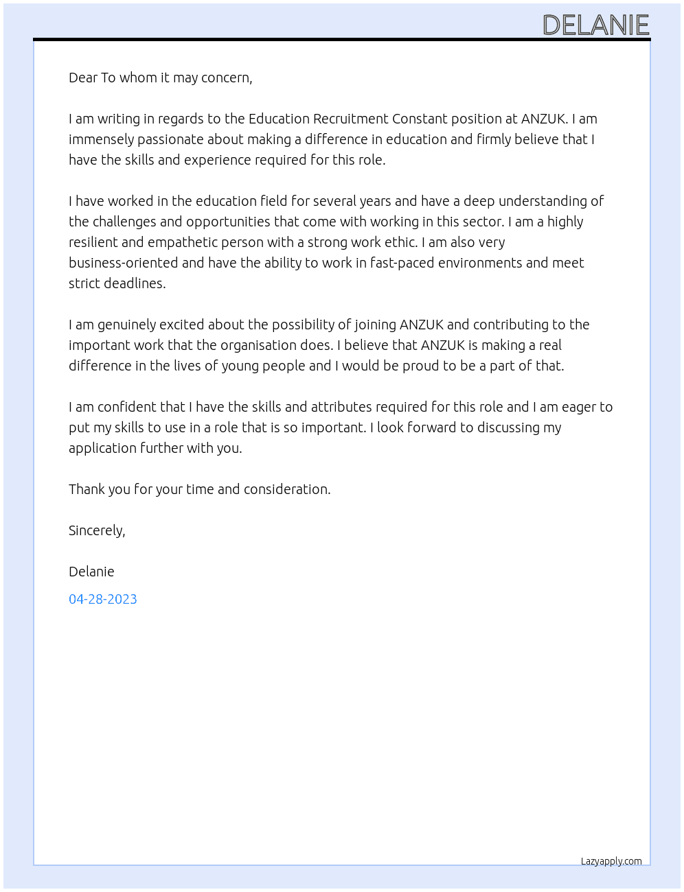 Education Recruitment Constant At ANZUK Cover Letter
