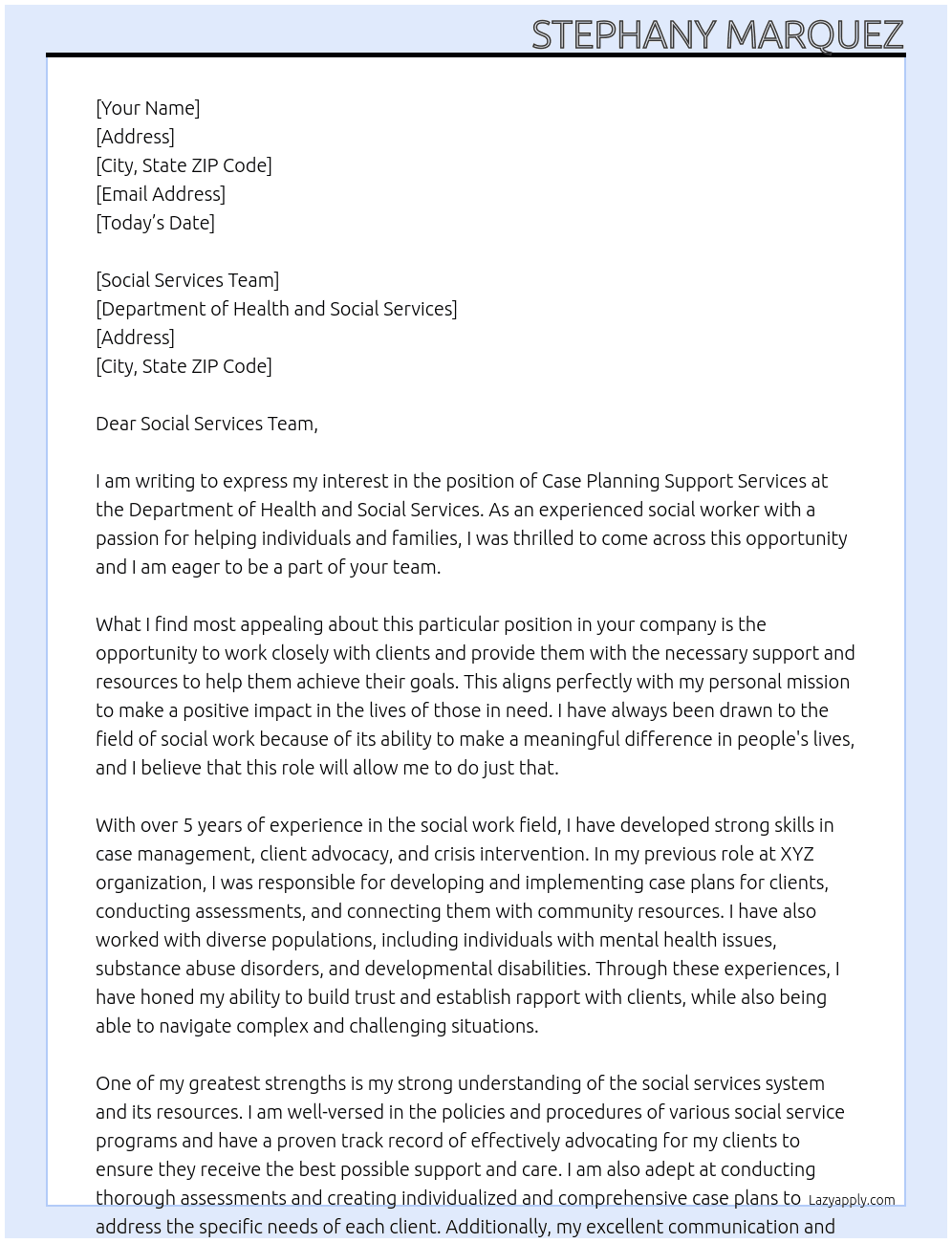 Case planning support services At Department of health and social services Cover Letter