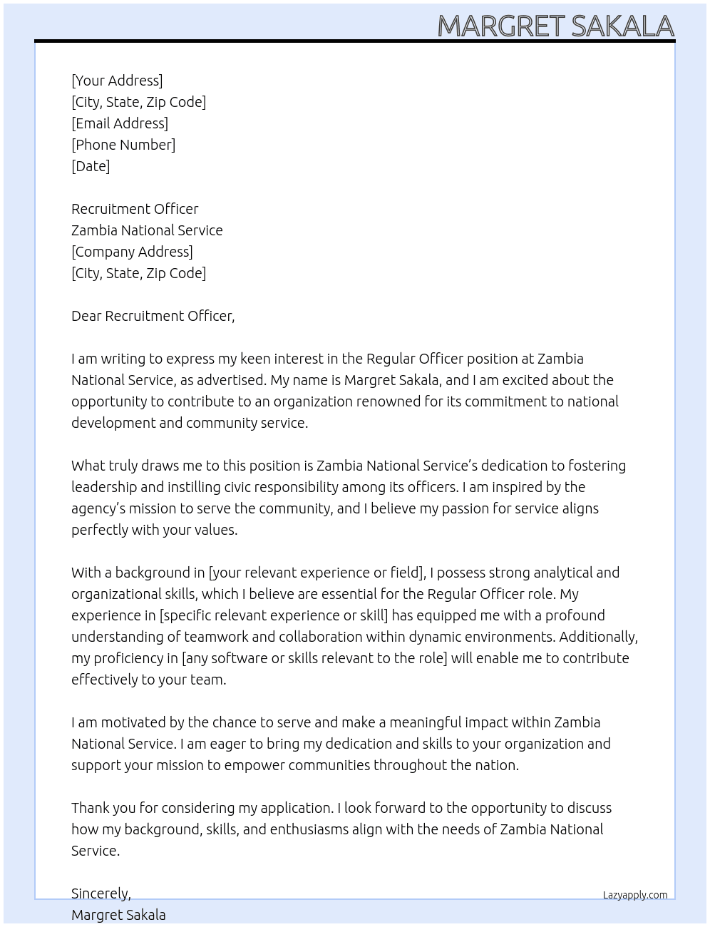 Cover letter for regular officer - LazyApply
