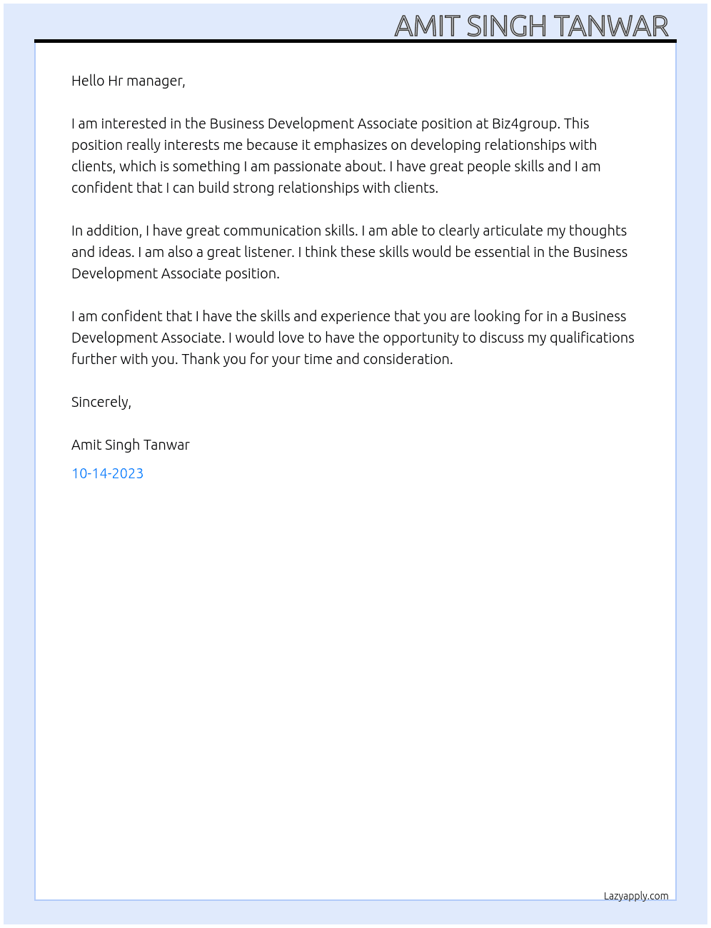 Business Development Associate  At Biz4group Cover Letter