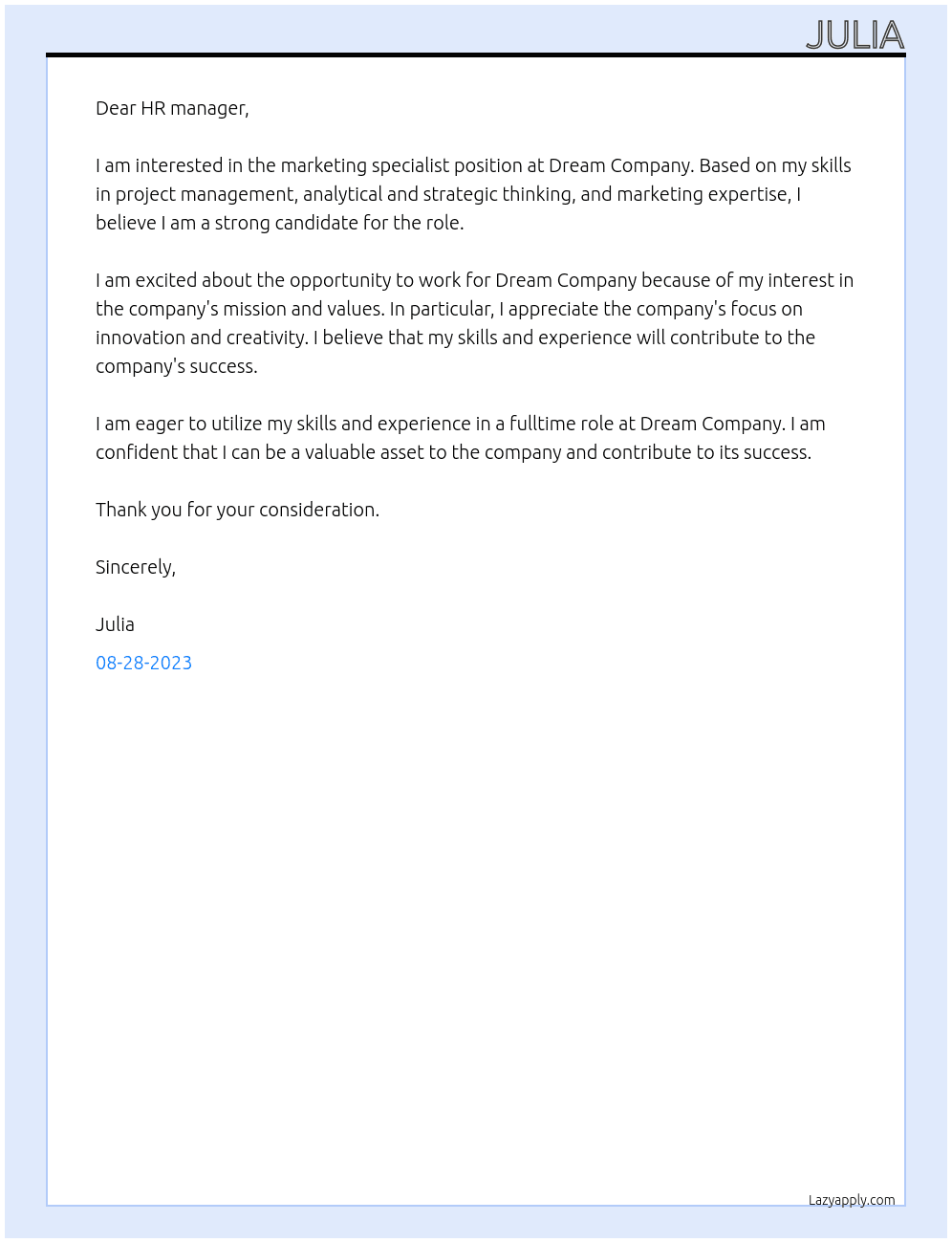 marketing specialist At Dream Company Cover Letter