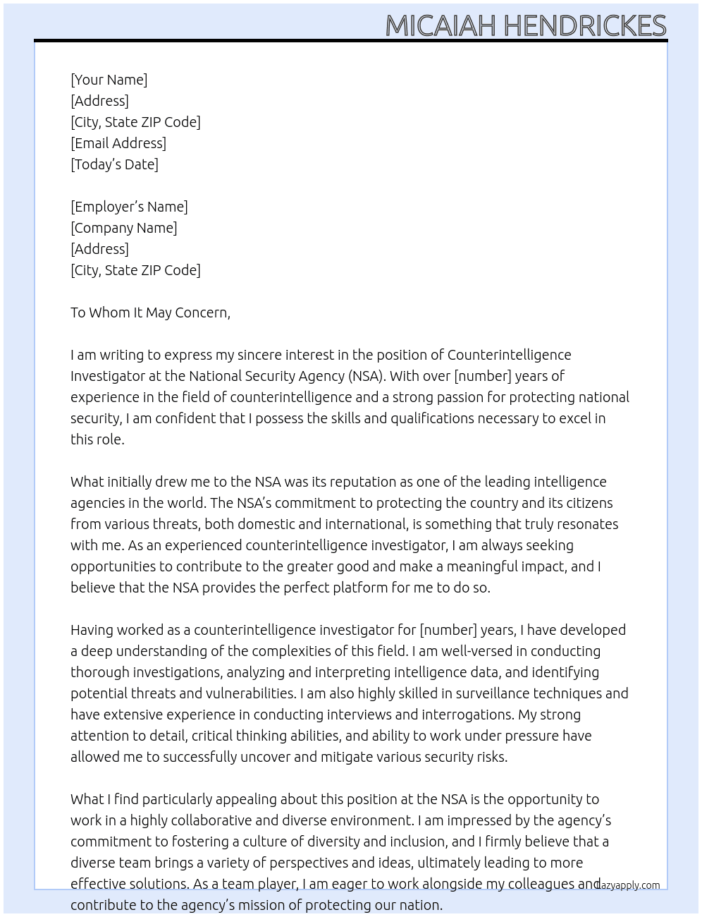 Counterintelligence Investigator At NSA Cover Letter