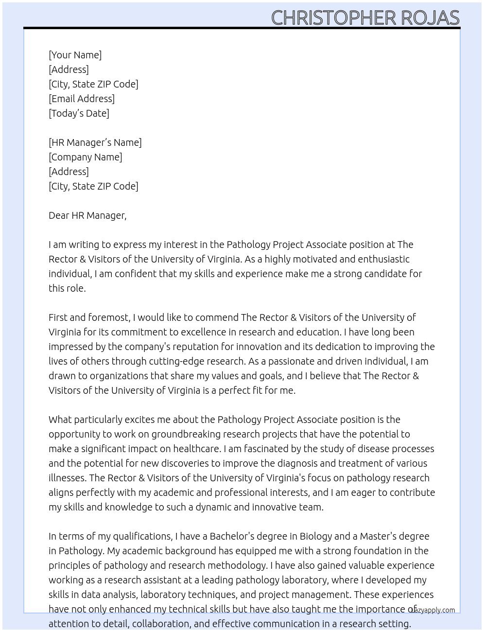 Pathology Project Associate At The Rector & Visitors of the University of Virginia Cover Letter