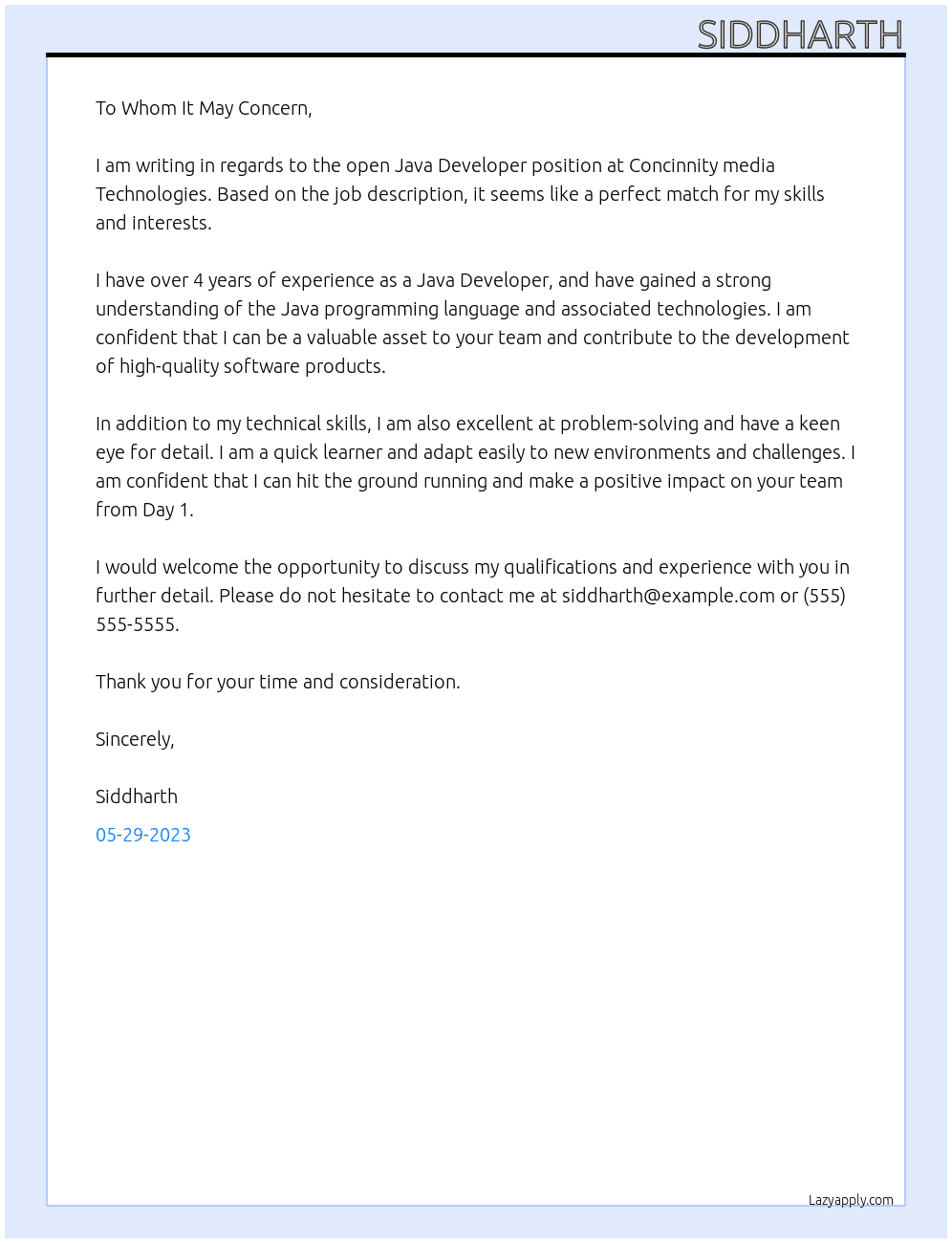 Java Developer  At Concinnity media Technologies Cover Letter