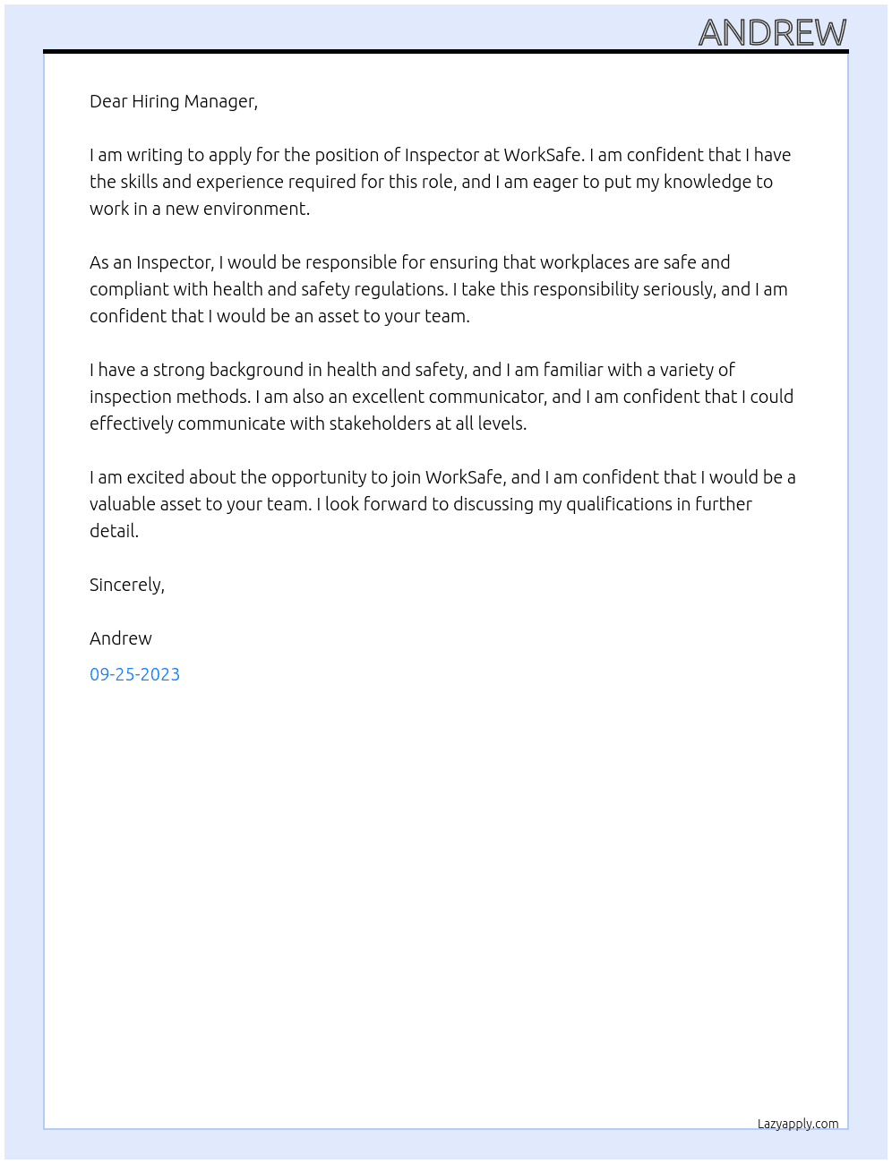 Inspector At WorkSafe Cover Letter