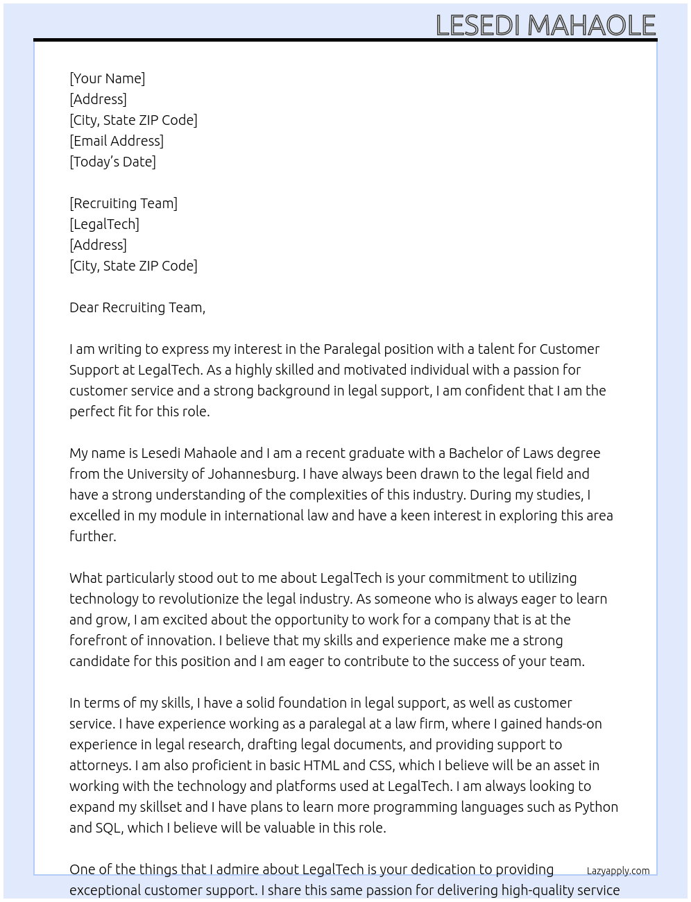Paralegal with a talent for Customer Support At LegalTech Cover Letter