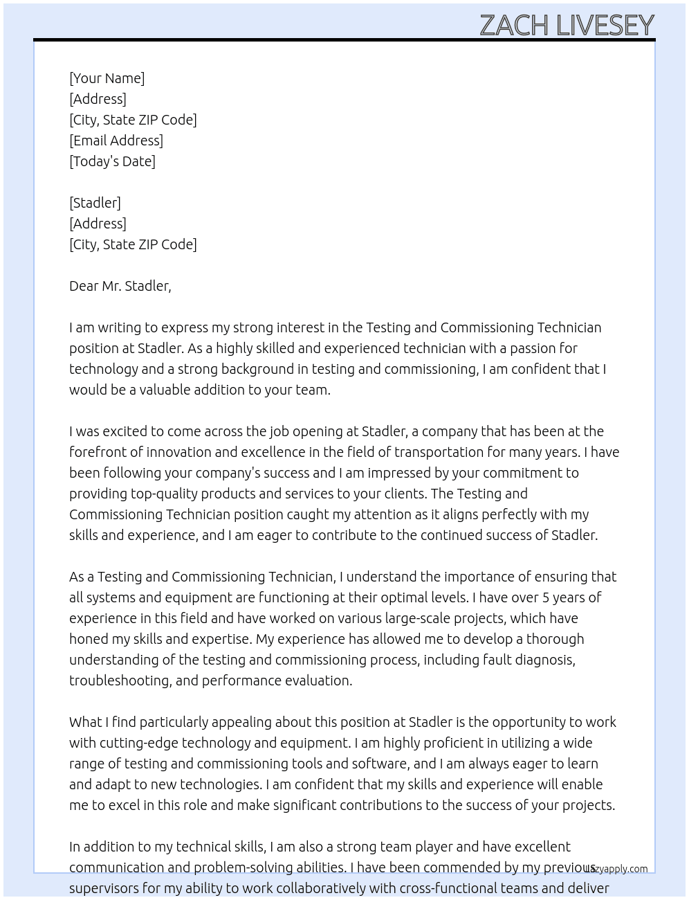 Testing and commissioning technician At Stadler Cover Letter