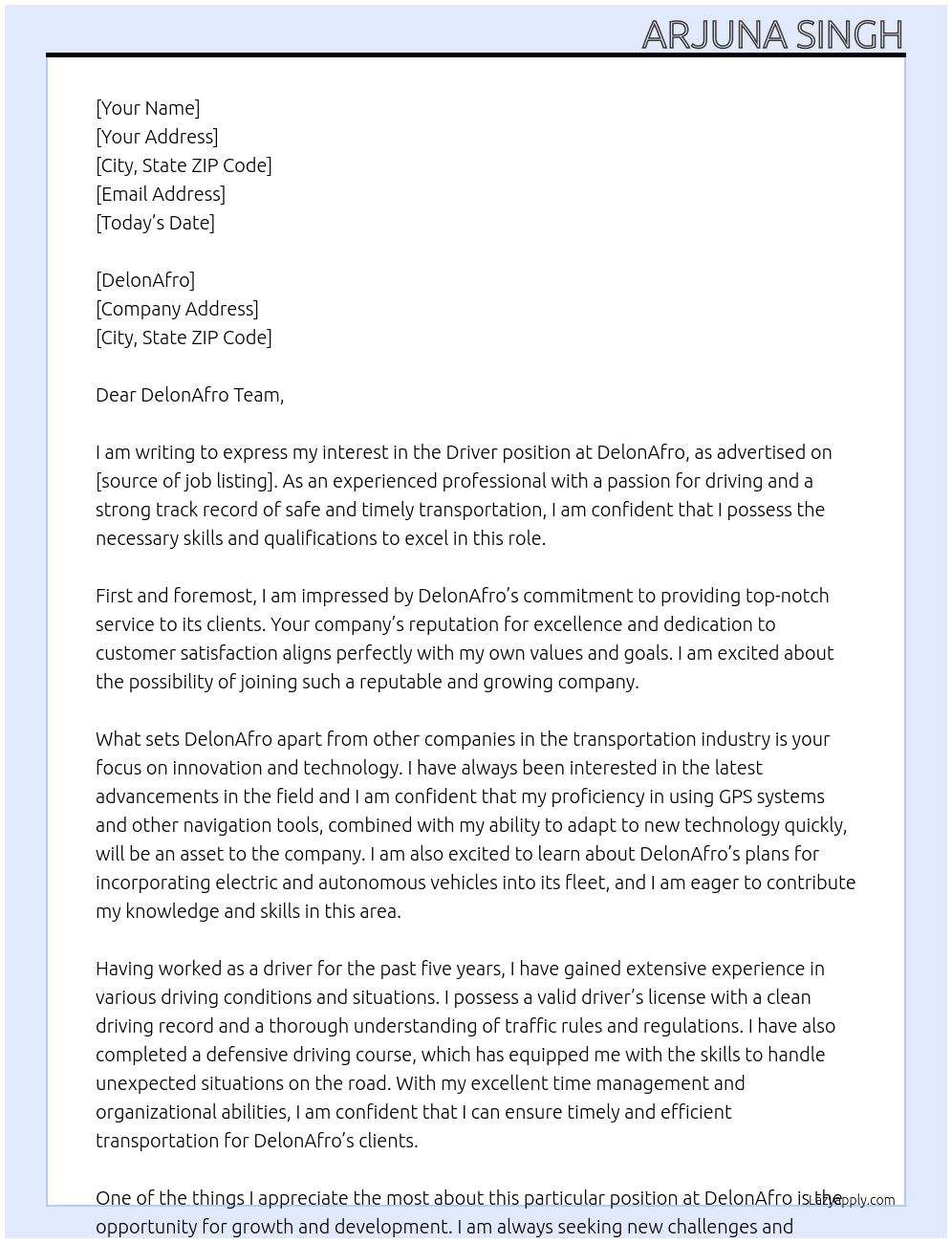 Driver At DelonAfro Cover Letter