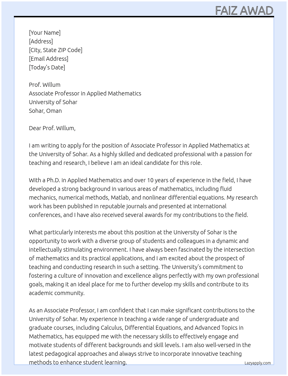 Associate proffoser in applied mathematics  At University of Sohar Cover Letter