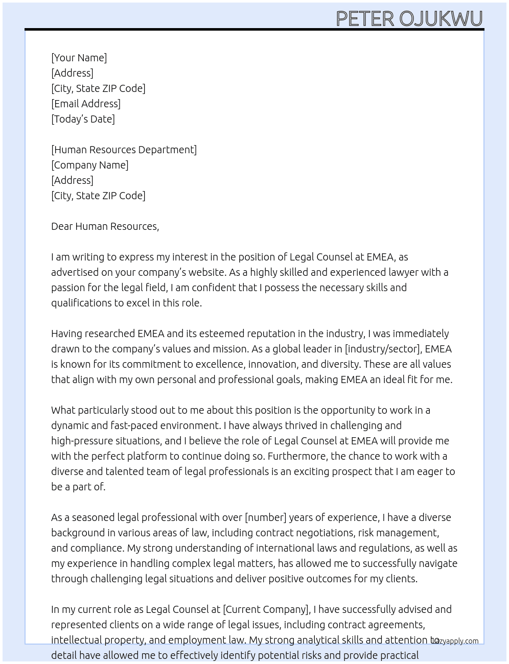 Legal Counsel At EMEA Cover Letter