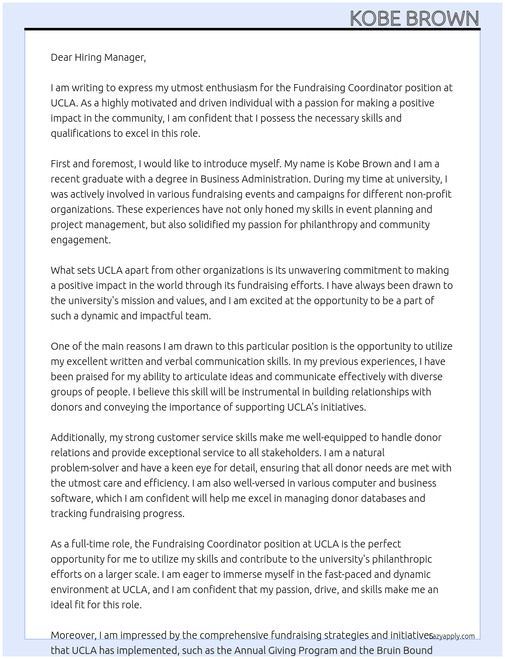 Fundraising Coordinator  At UCLA Cover Letter