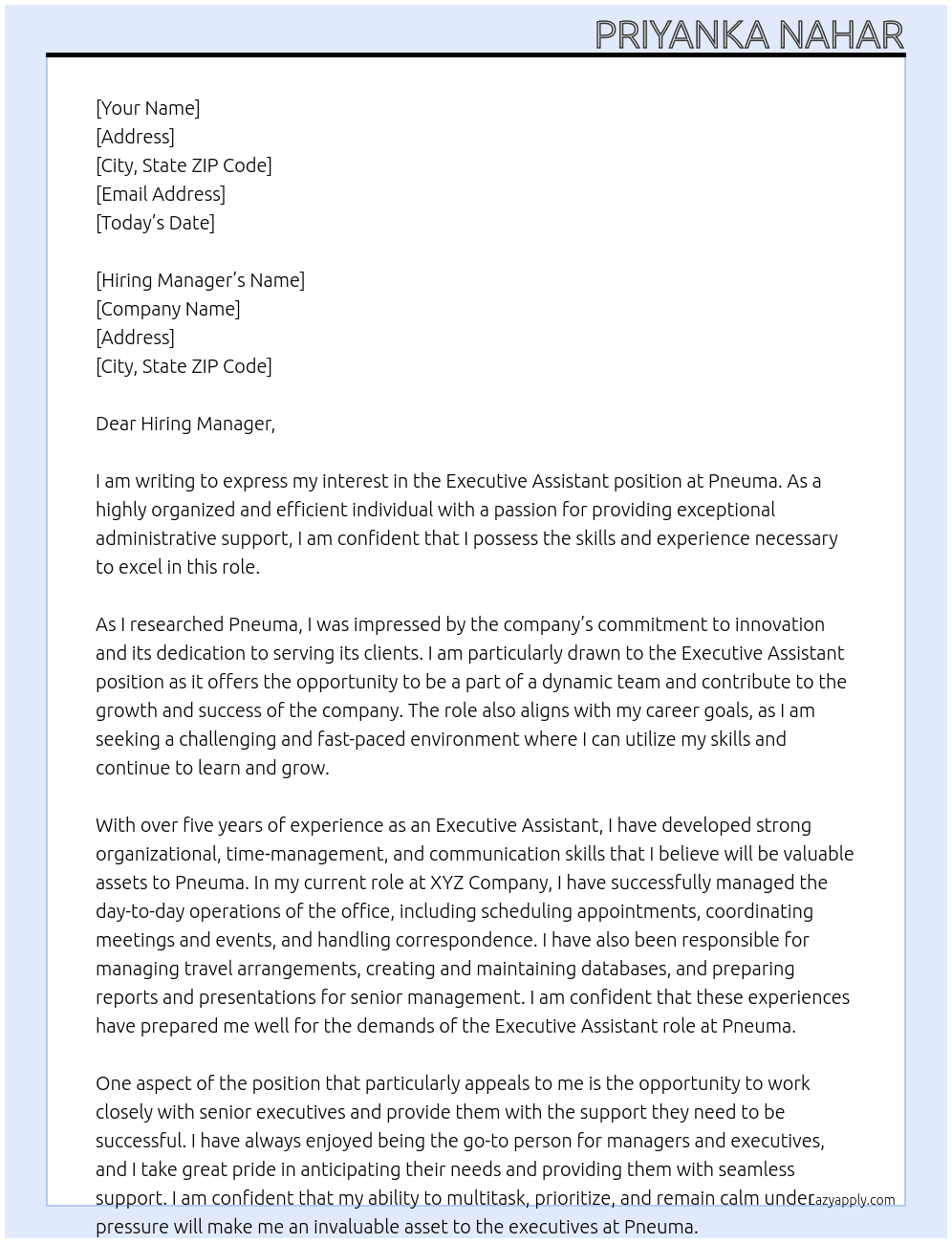Executive Assistant  At Pneuma Cover Letter