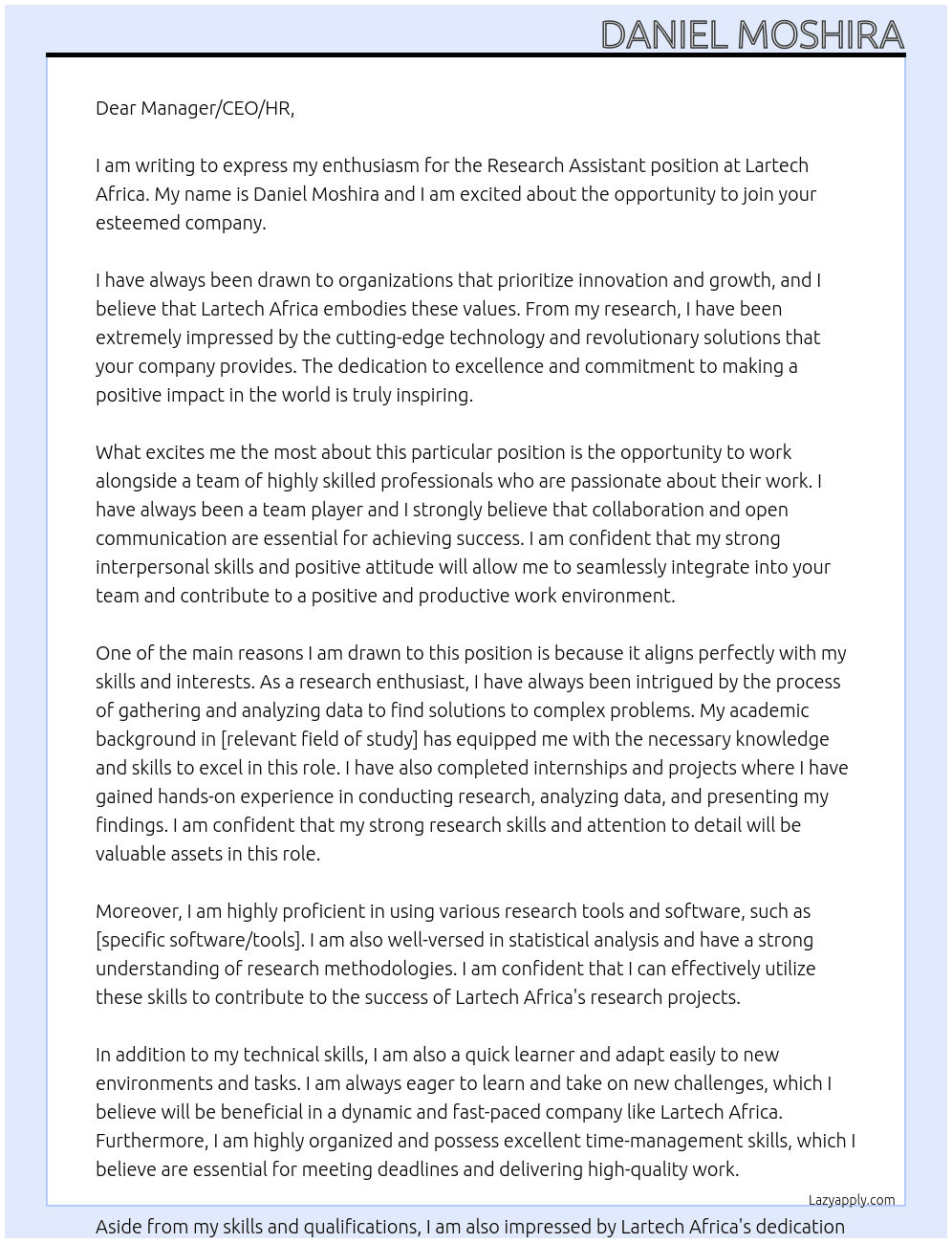 Research assistant At Lartech Africa Cover Letter