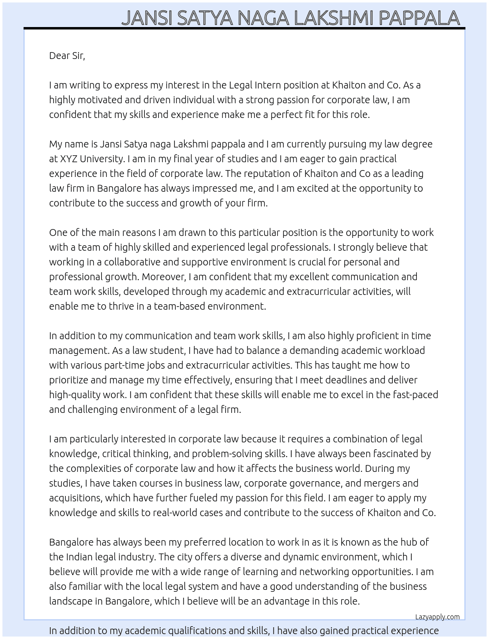 Legal intern in corporate law At Khaiton and co Cover Letter
