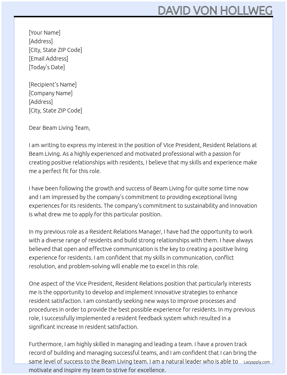 Cover letter for vice president, resident relations - LazyApply