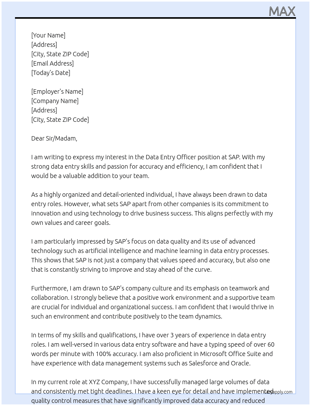 Data Entry Officer At SAP Cover Letter