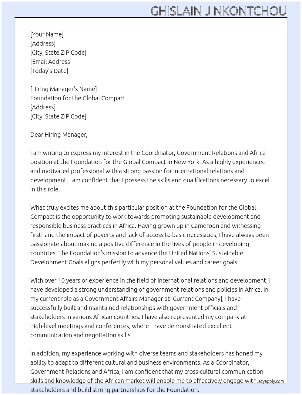 Coordinator, Government Relations and Africa At Foundation for the Global Compact in New York, NY 10017 Cover Letter