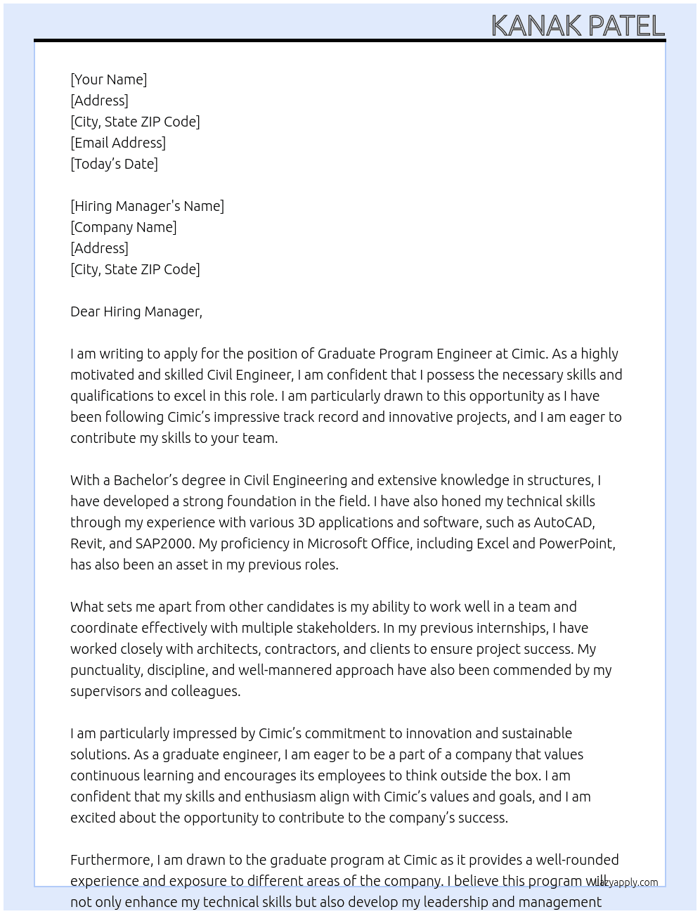 Graduate program Engineer  At Cimic  Cover Letter
